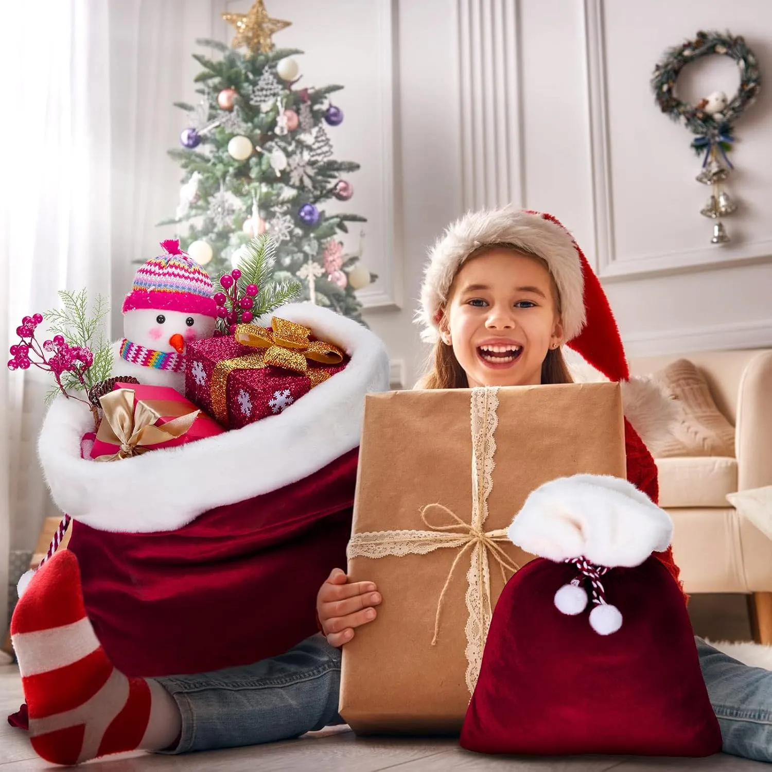 Shappy 2 Pieces Christmas Velvet Santa Bags with Drawstring in 2 Size Large Christmas Bags Santa Gift Sack for Xmas Playing Present Toy(Burgundy)
