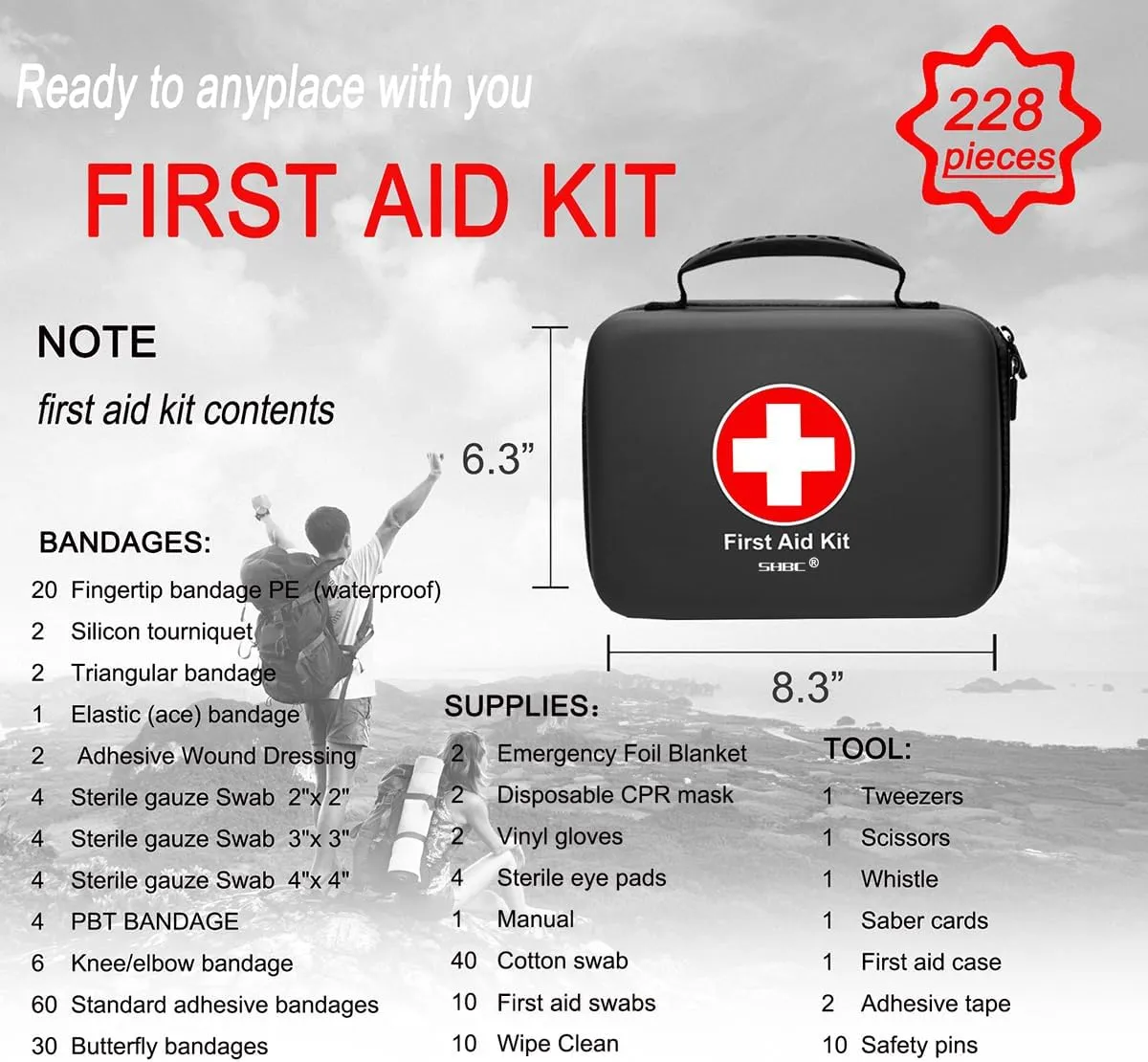 SHBC Waterproof First Aid Kit (228pcs) with All Basic or Advanced Supplies You Need. Suitable for Emergencies at Home or Outside, Travel, Home, Camping, Black