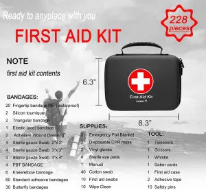 SHBC Waterproof First Aid Kit (228pcs) with All Basic or Advanced Supplies You Need. Suitable for Emergencies at Home or Outside, Travel, Home, Camping, Black
