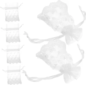 Sheer Drawstring Pouches 6pcs Set Butterfly Embroidered Drawstring Bag for Jewelry Money and Small Items