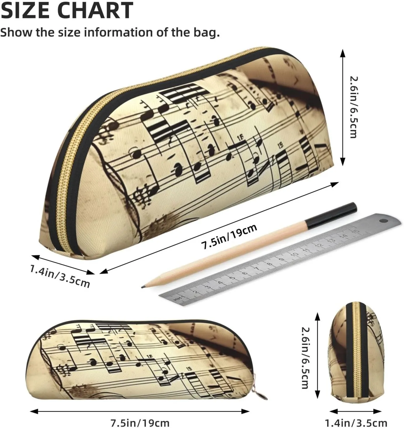Sheet music Makeup Bag for Women Men Large Pencil Case Aesthetic Pencil Pouch Coin Pouch Leather Cosmetic Bag with Zipper Office Organizer Travel Essentials
