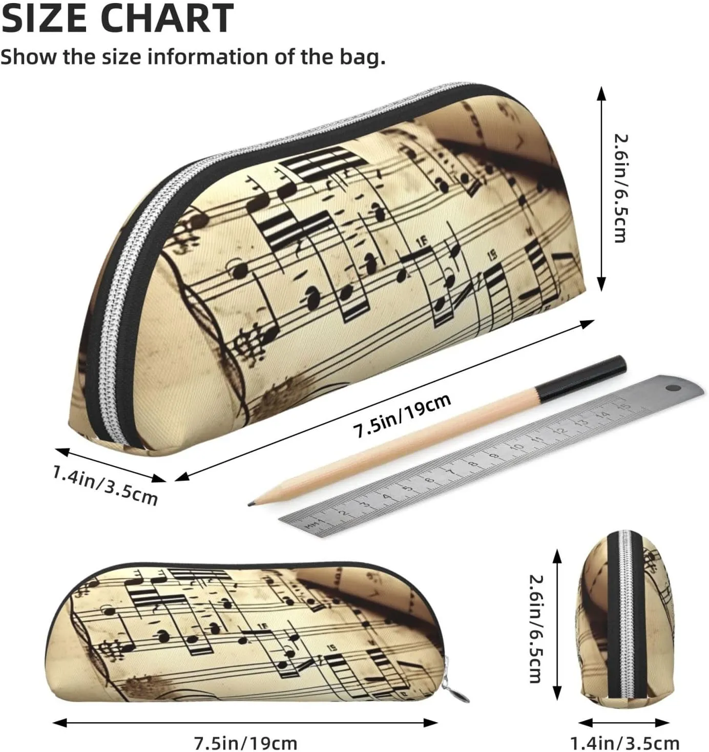 Sheet music Makeup Bag for Women Men Large Pencil Case Aesthetic Pencil Pouch Coin Pouch Leather Cosmetic Bag with Zipper Office Organizer Travel Essentials