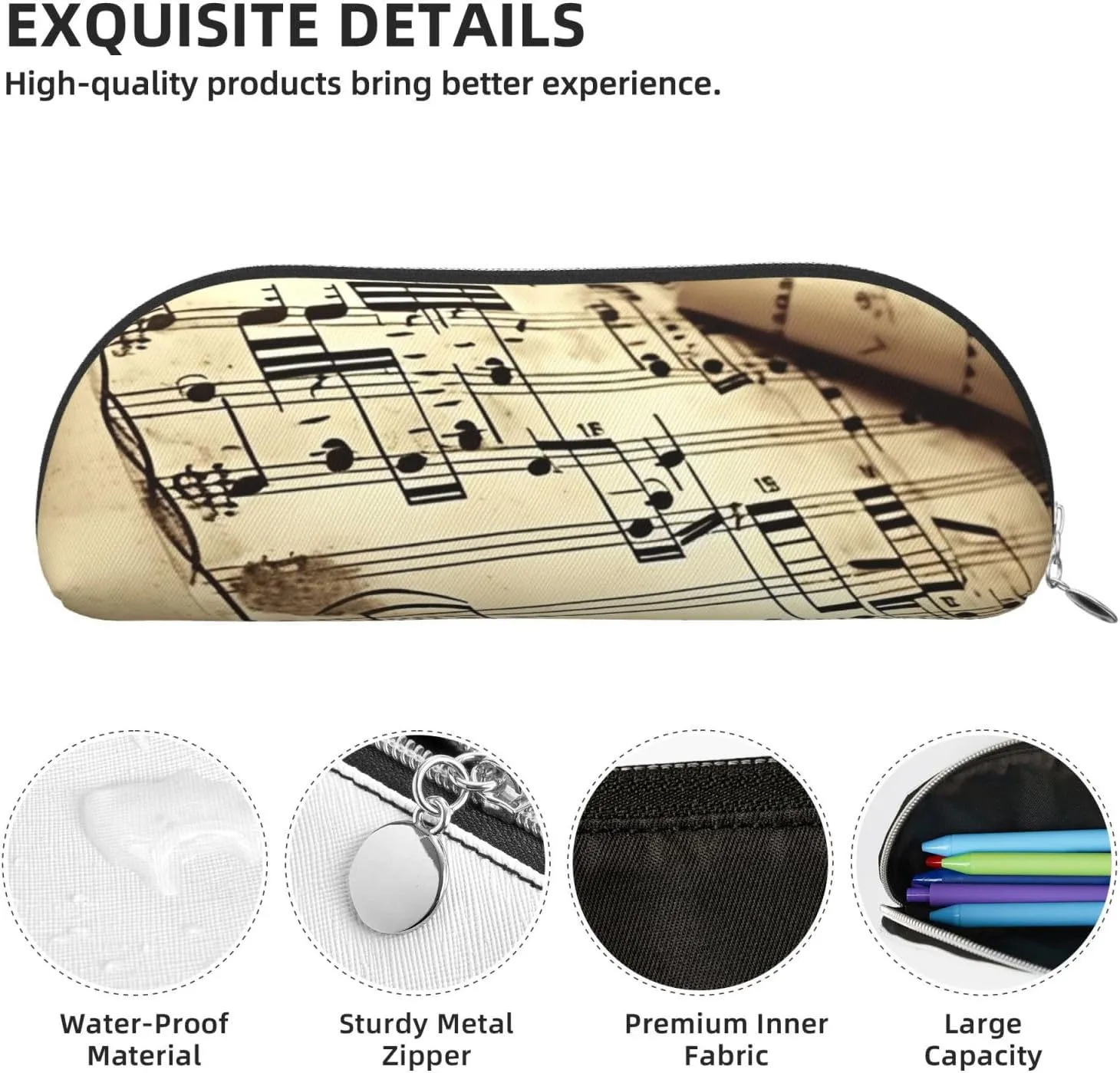 Sheet music Makeup Bag for Women Men Large Pencil Case Aesthetic Pencil Pouch Coin Pouch Leather Cosmetic Bag with Zipper Office Organizer Travel Essentials