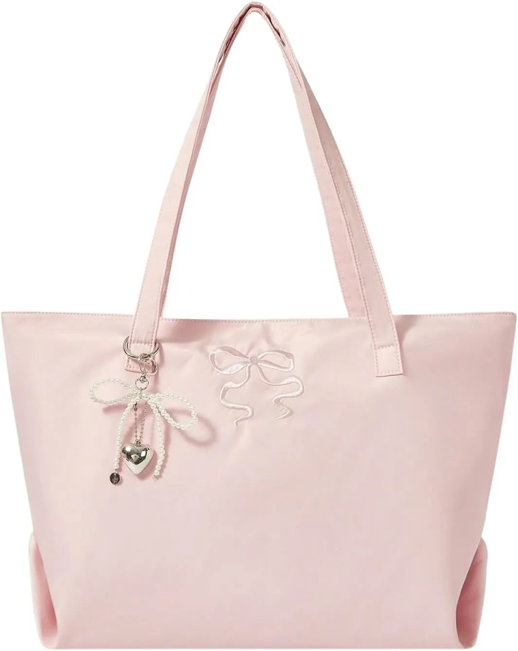 SHENHE Women's Cute Bow Embroidery Tote Bag Large Capacity Zipper Shoulder Bag with Keychain