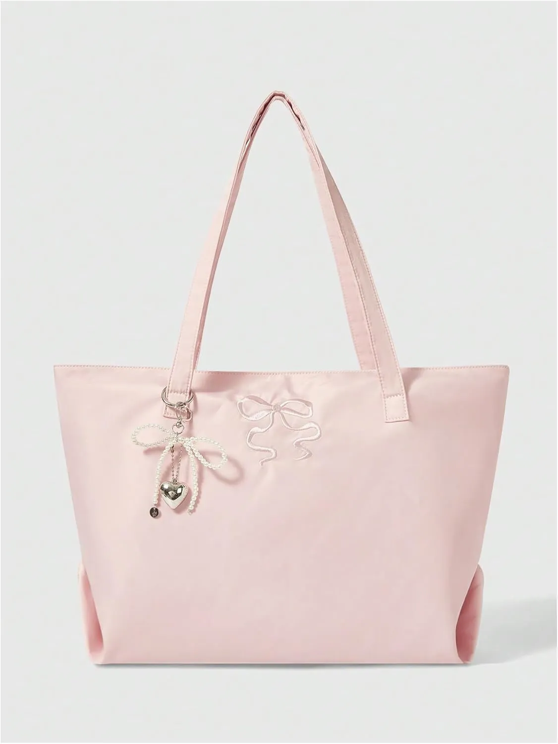 SHENHE Women's Cute Bow Embroidery Tote Bag Large Capacity Zipper Shoulder Bag with Keychain