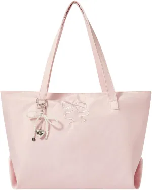 SHENHE Women's Cute Bow Embroidery Tote Bag Large Capacity Zipper Shoulder Bag with Keychain