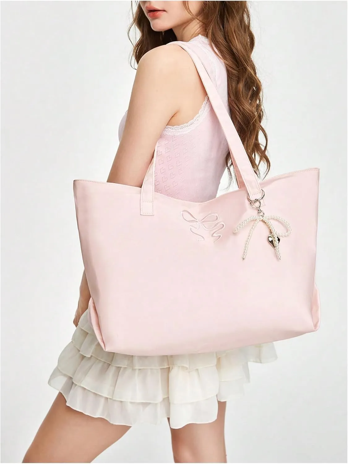 SHENHE Women's Cute Bow Embroidery Tote Bag Large Capacity Zipper Shoulder Bag with Keychain