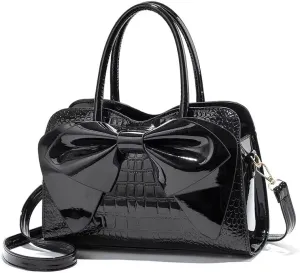 Shiny Women Handbag Patent Leather Bowknot Purse Charm Glossy Top-Handle Satchel Tote Fashion Shoulder Bag for women (Black)