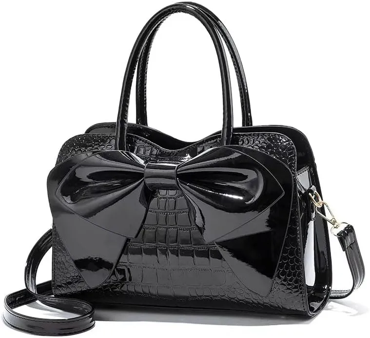 Shiny Women Handbag Patent Leather Bowknot Purse Charm Glossy Top-Handle Satchel Tote Fashion Shoulder Bag for women (Black)