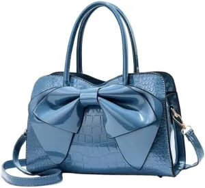 Shiny Women Handbag Patent Leather Bowknot Purse Charm Glossy Top-Handle Satchel Tote Fashion Shoulder Bag for women (Blue)