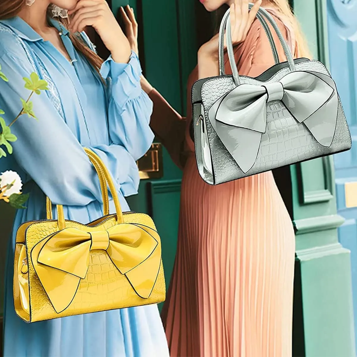 Shiny Women Handbag Patent Leather Bowknot Purse Charm Glossy Top-Handle Satchel Tote Fashion Shoulder Bag