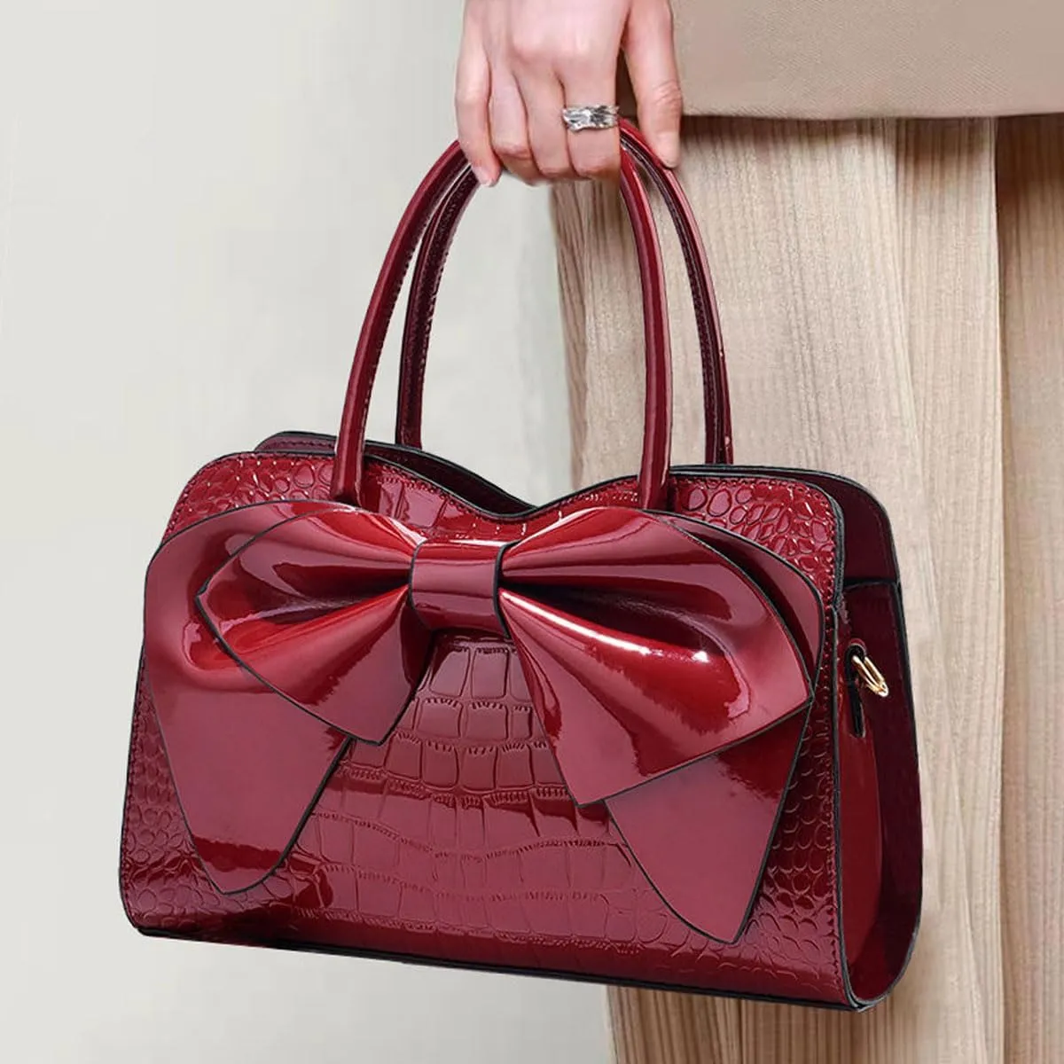 Shiny Women Handbag Patent Leather Bowknot Purse Charm Glossy Top-Handle Satchel Tote Fashion Shoulder Bag