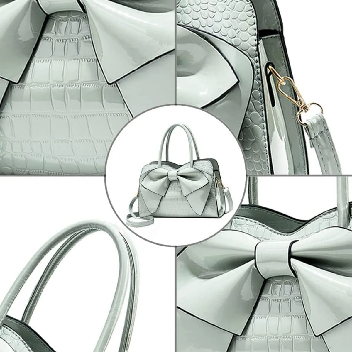 Shiny Women Handbag Patent Leather Bowknot Purse Charm Glossy Top-Handle Satchel Tote Fashion Shoulder Bag