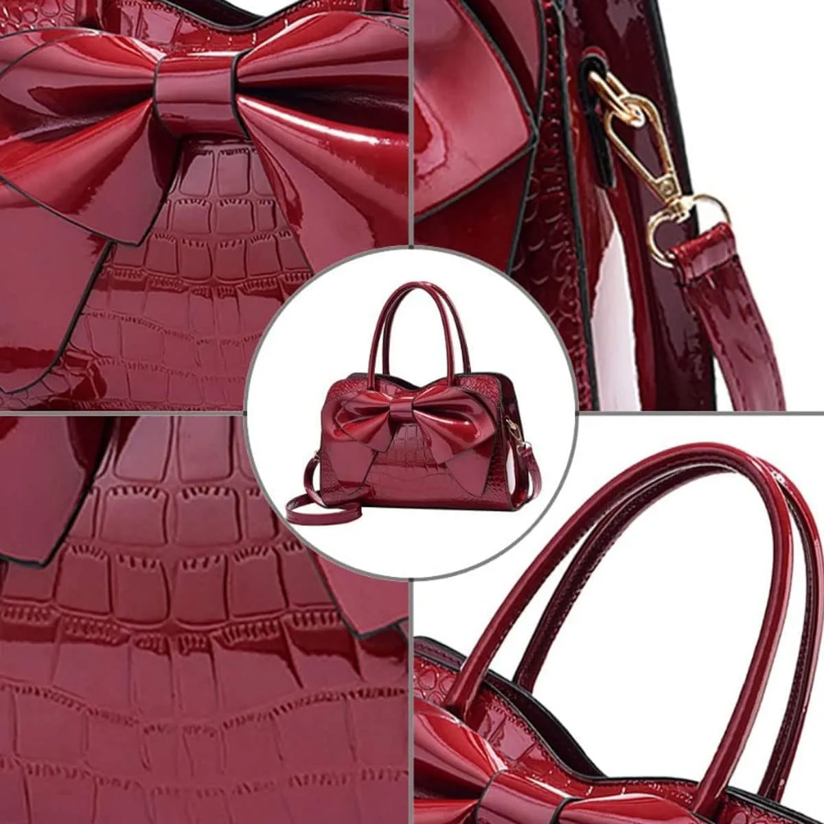 Shiny Women Handbag Patent Leather Bowknot Purse Charm Glossy Top-Handle Satchel Tote Fashion Shoulder Bag