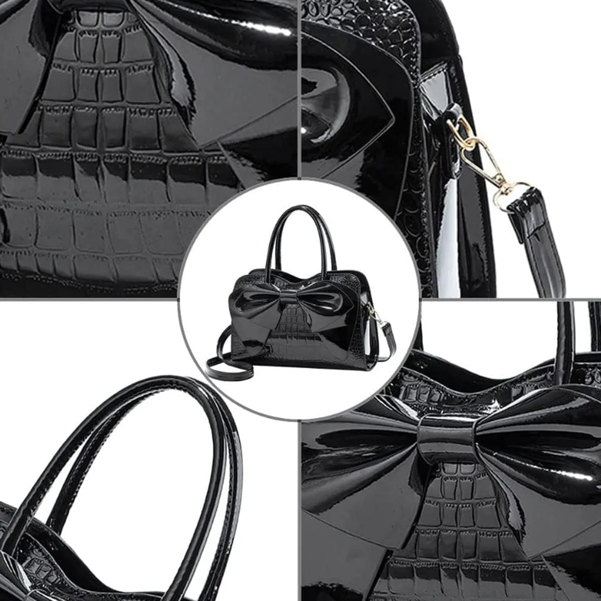 Shiny Women Handbag Patent Leather Bowknot Purse Charm Glossy Top-Handle Satchel Tote Fashion Shoulder Bag
