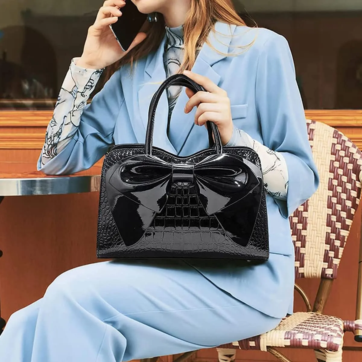 Shiny Women Handbag Patent Leather Bowknot Purse Charm Glossy Top-Handle Satchel Tote Fashion Shoulder Bag