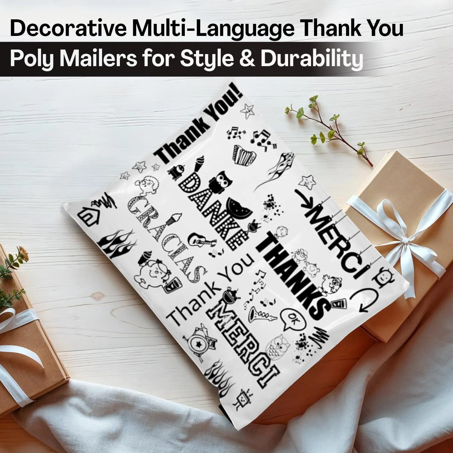 Shop4Mailers 10 x 13 Glossy Decorative Thank You Plastic Poly Mailer Bags Waterproof Shipping Mailing Envelope 2 Mil – Permanent Adhesive Seal (100 Pack, Multi-Language)