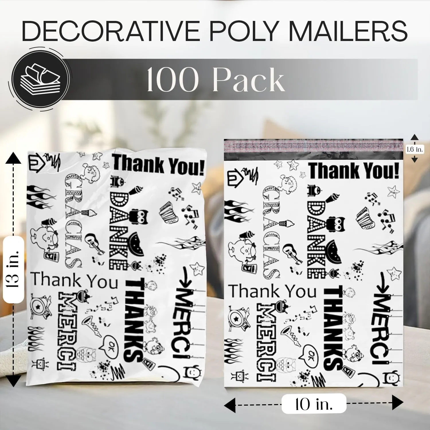 Shop4Mailers 10 x 13 Glossy Decorative Thank You Plastic Poly Mailer Bags Waterproof Shipping Mailing Envelope 2 Mil – Permanent Adhesive Seal (100 Pack, Multi-Language)