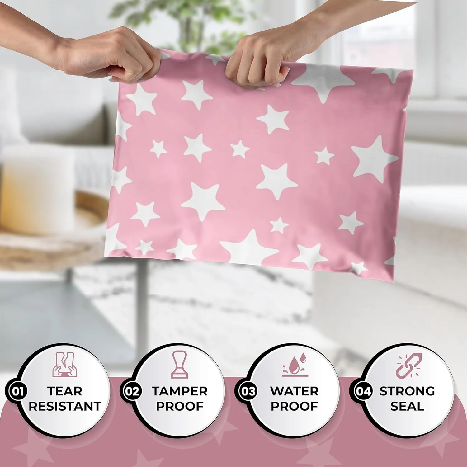 Shop4Mailers 10 x 13 Glossy Light Pink and White Stars Decorative Plastic Poly Mailer Bags Waterproof Shipping Mailing Envelope 2 Mil – Permanent Adhesive Seal (300 Pack, L. Pink)