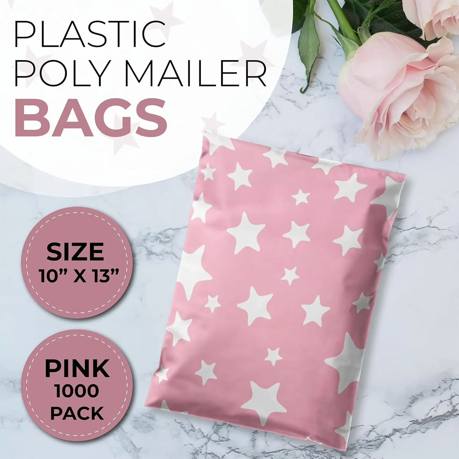 Shop4Mailers 10 x 13 Glossy Light Pink and White Stars Decorative Plastic Poly Mailer Bags Waterproof Shipping Mailing Envelope 2 Mil – Permanent Adhesive Seal (300 Pack, L. Pink)