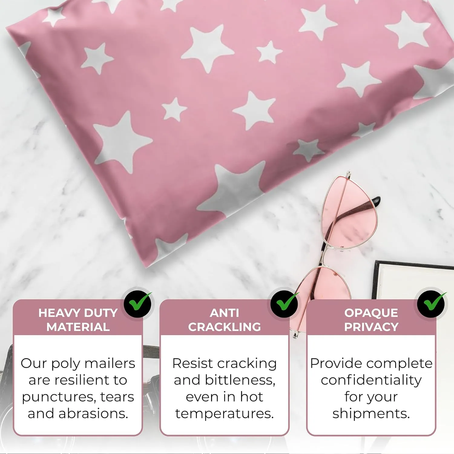 Shop4Mailers 10 x 13 Glossy Light Pink and White Stars Decorative Plastic Poly Mailer Bags Waterproof Shipping Mailing Envelope 2 Mil – Permanent Adhesive Seal (300 Pack, L. Pink)