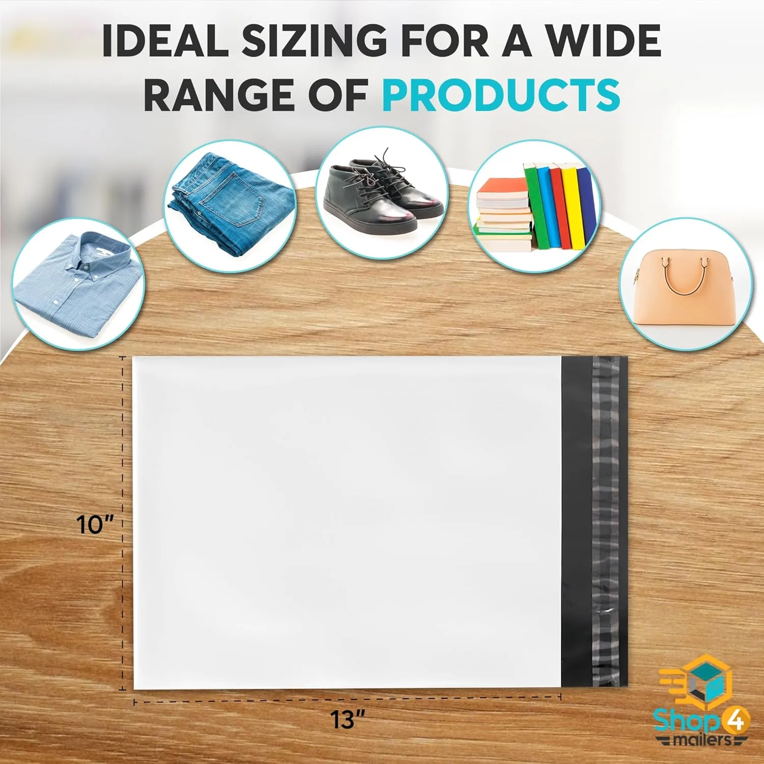 Shop4Mailers 10 x 13 Glossy White Plastic Self Seal Poly Mailer Flat Bags Waterproof Shipping Envelope 1.7 Mil for Apparel, Clothes, Shirts, Books – Permanent Adhesive Seal (500 Pack)