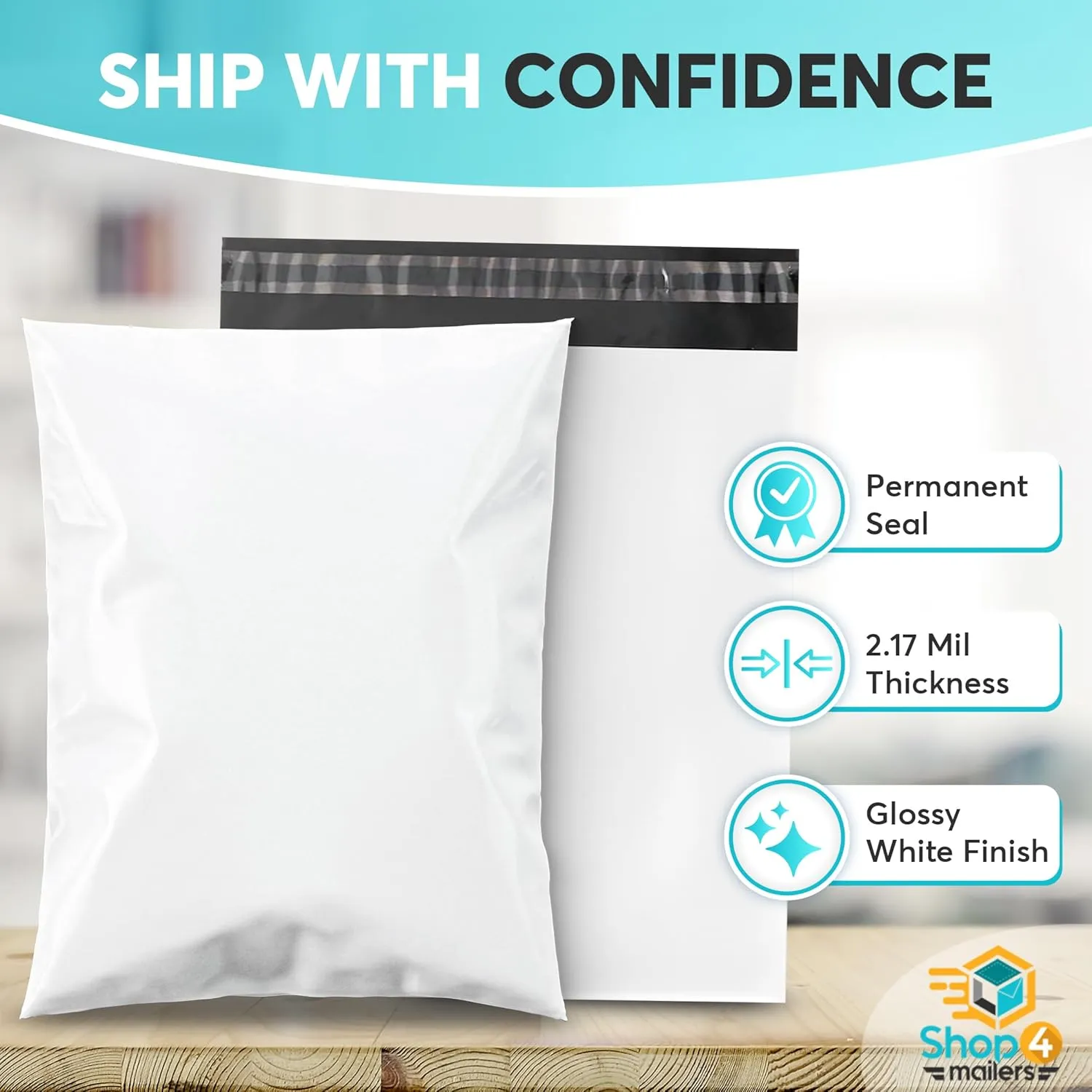 Shop4Mailers 10 x 13 Glossy White Plastic Self Seal Poly Mailer Flat Bags Waterproof Shipping Envelope 2.17 Mil for Apparel, Clothes, Shirts, Books – Permanent Adhesive Seal (100 Pack)