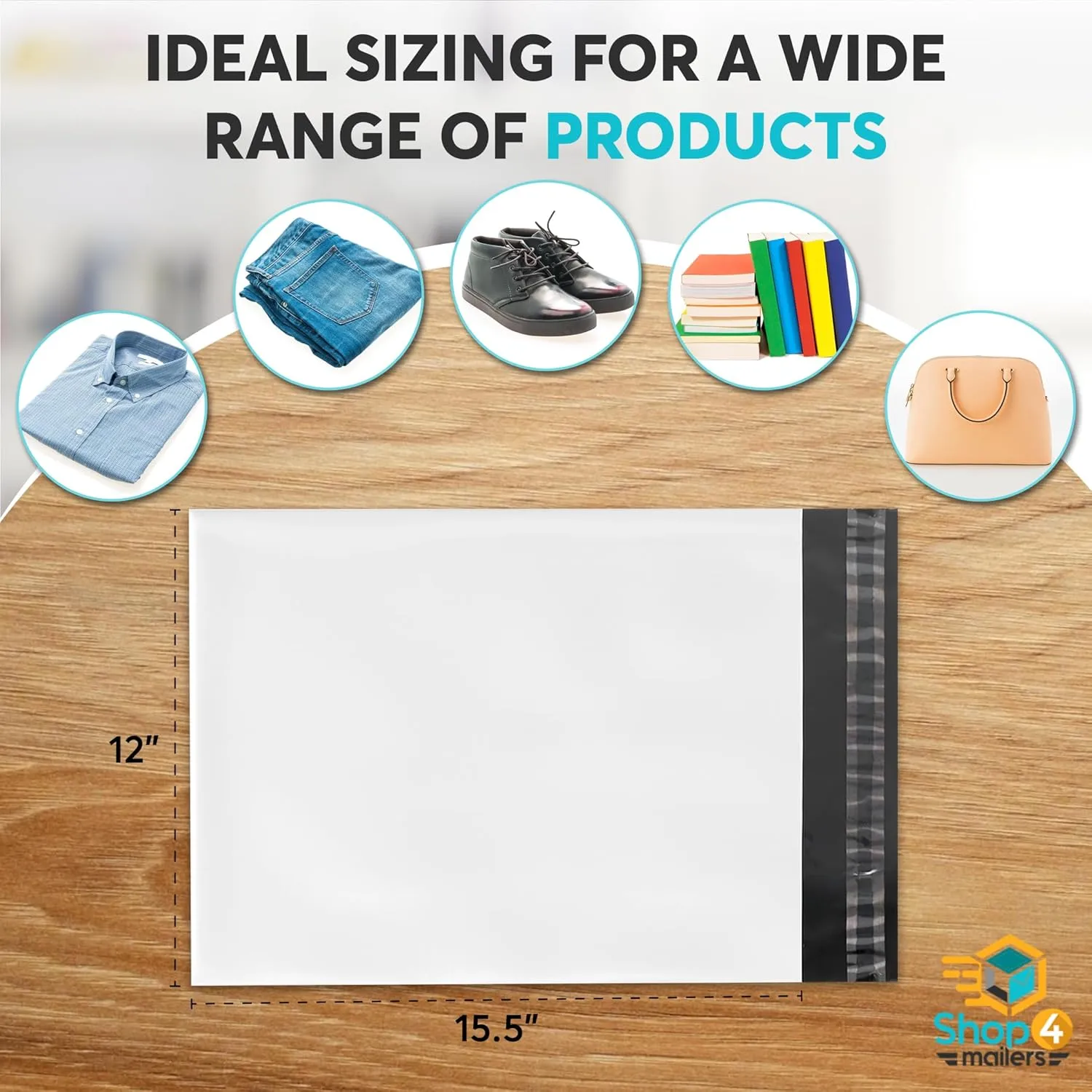 Shop4Mailers Glossy White Plastic Self Seal Poly Mailer Flat Bags Waterproof Shipping Envelope 2.1 Mil for Apparel, Clothes, Shirts, Books – Permanent Adhesive Seal 200 Pack (12x15.5)