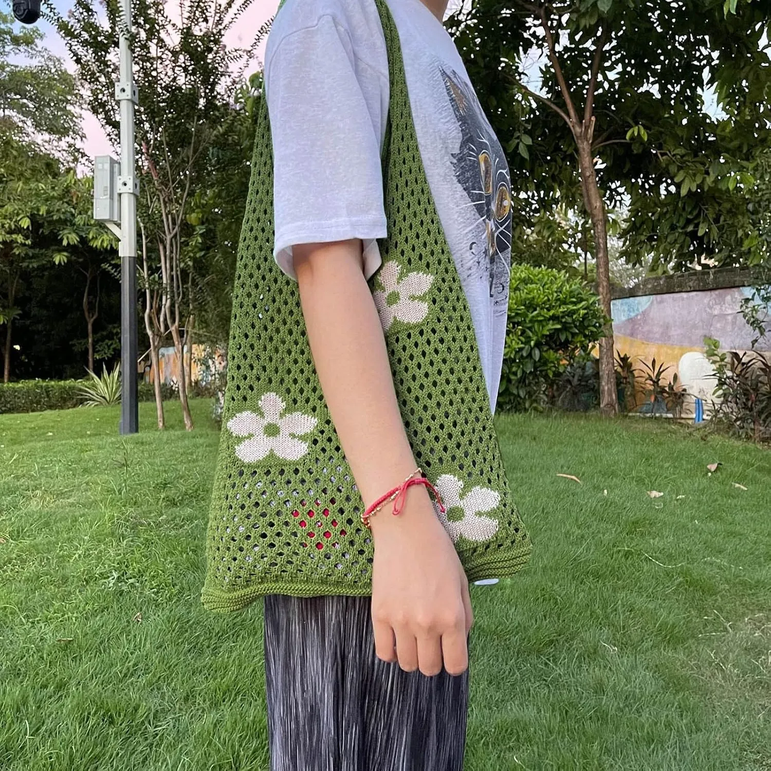 Shoulder Bag for Women Women's Japanese And Korean Tote Bag Flower Knitted Mesh Hollow Shoulder