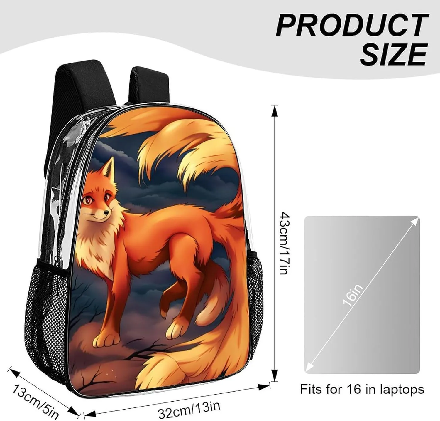 Shoulder Book Bags Anti-Theft Multipurpose Big Capacity Bookbag - Anime Fox Art Travel Hiking Backpack Transparent Bag