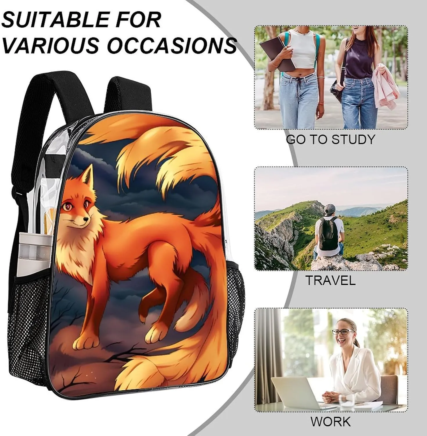 Shoulder Book Bags Anti-Theft Multipurpose Big Capacity Bookbag - Anime Fox Art Travel Hiking Backpack Transparent Bag