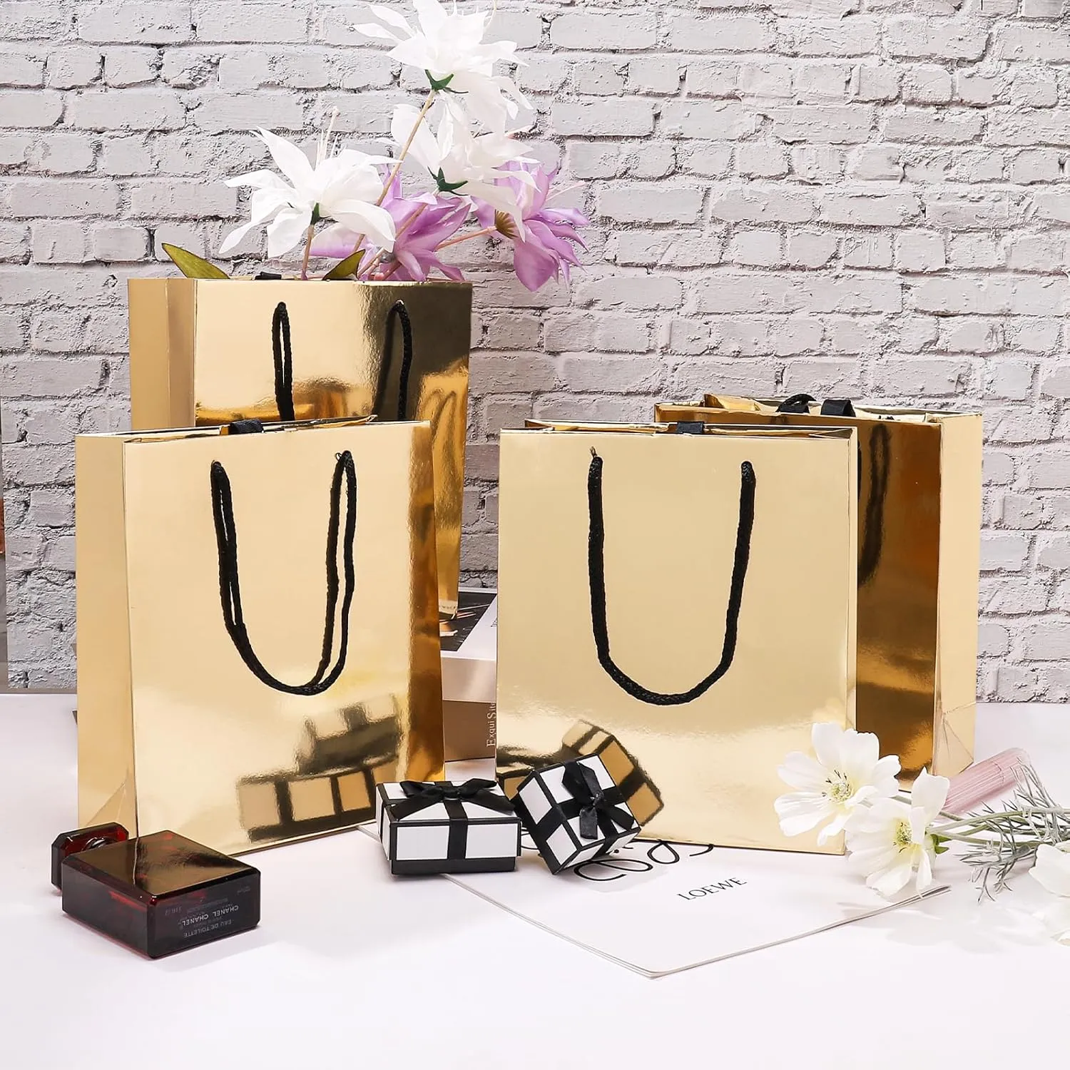 SHYRABBIT Gold Gift Paper Bag 5.5x2.8x5.9inch, Small Shopping Bow Bag 10pack (Gold)
