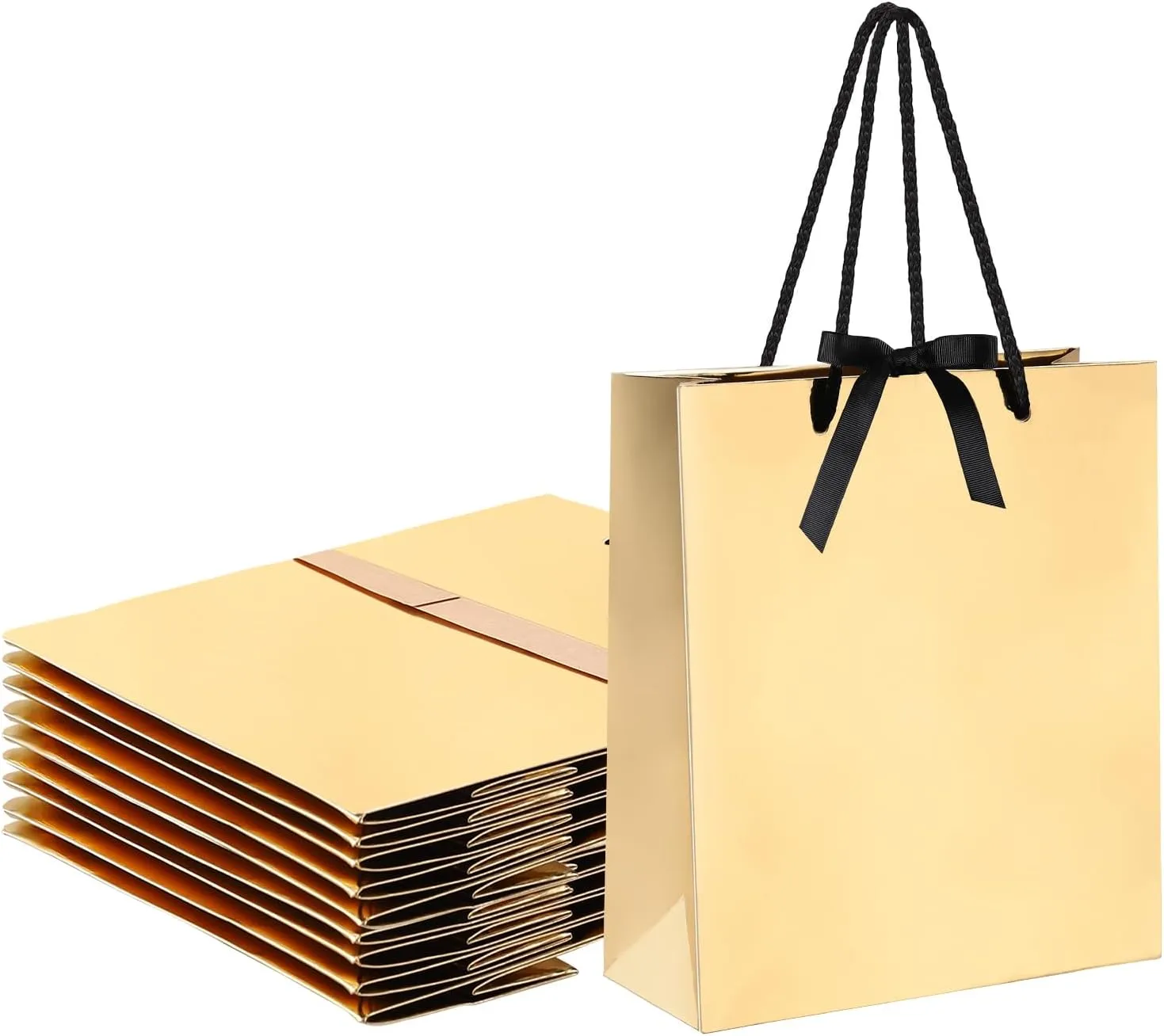 SHYRABBIT Gold Gift Paper Bag 5.5x2.8x5.9inch, Small Shopping Bow Bag 10pack (Gold)