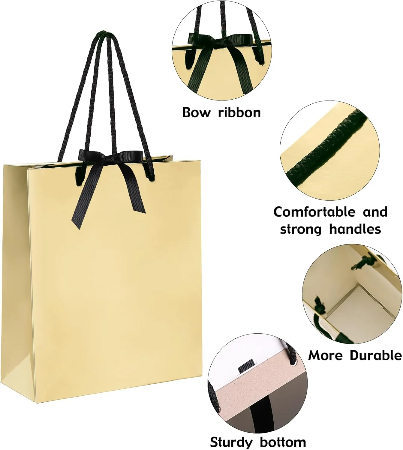 SHYRABBIT Gold Gift Paper Bag 5.5x2.8x5.9inch, Small Shopping Bow Bag 10pack (Gold)