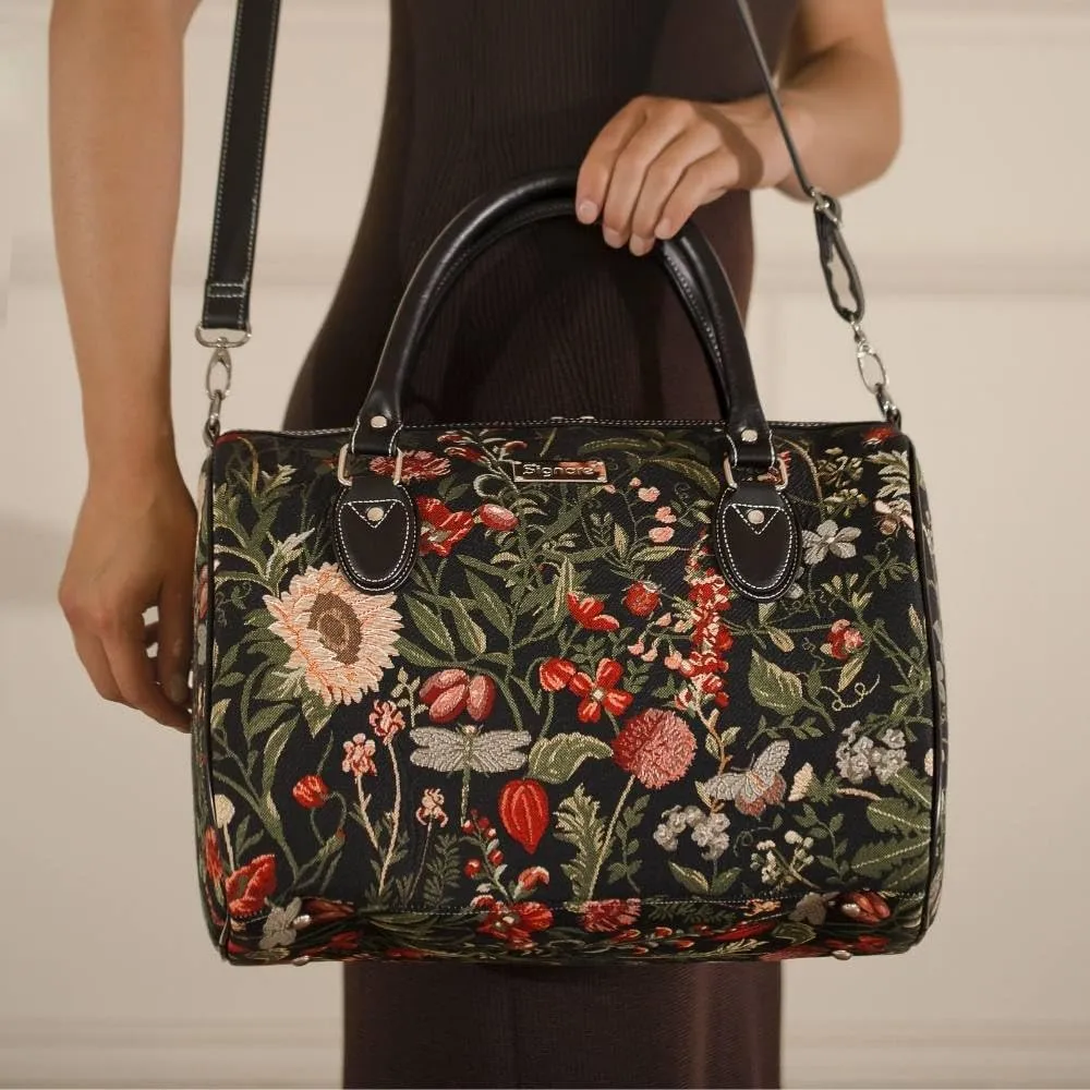 Signare Tapestry Duffle Bag Overnight Bags Weekend Bag for Women in Morning Garden Black Design (TRAV-MGDBK)