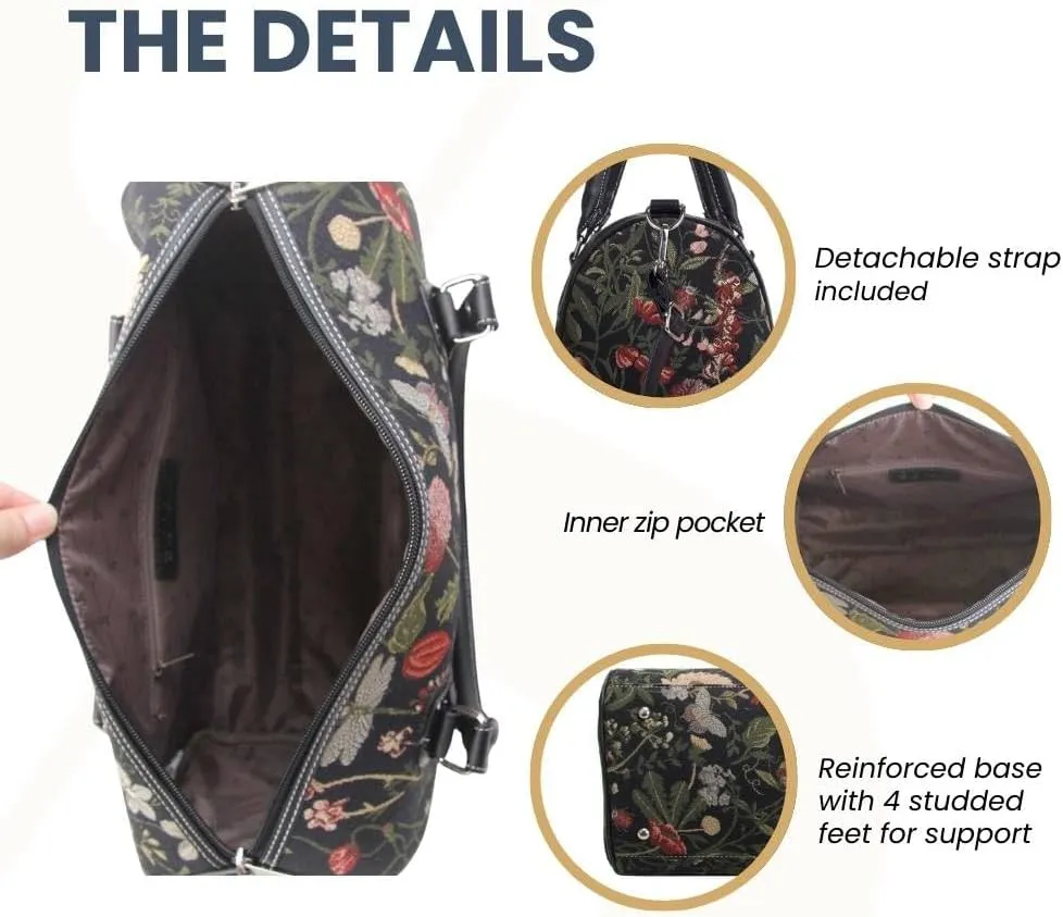 Signare Tapestry Duffle Bag Overnight Bags Weekend Bag for Women in Morning Garden Black Design (TRAV-MGDBK)