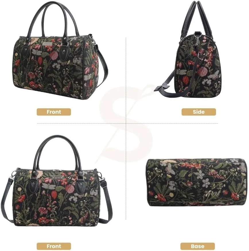 Signare Tapestry Duffle Bag Overnight Bags Weekend Bag for Women in Morning Garden Black Design (TRAV-MGDBK)