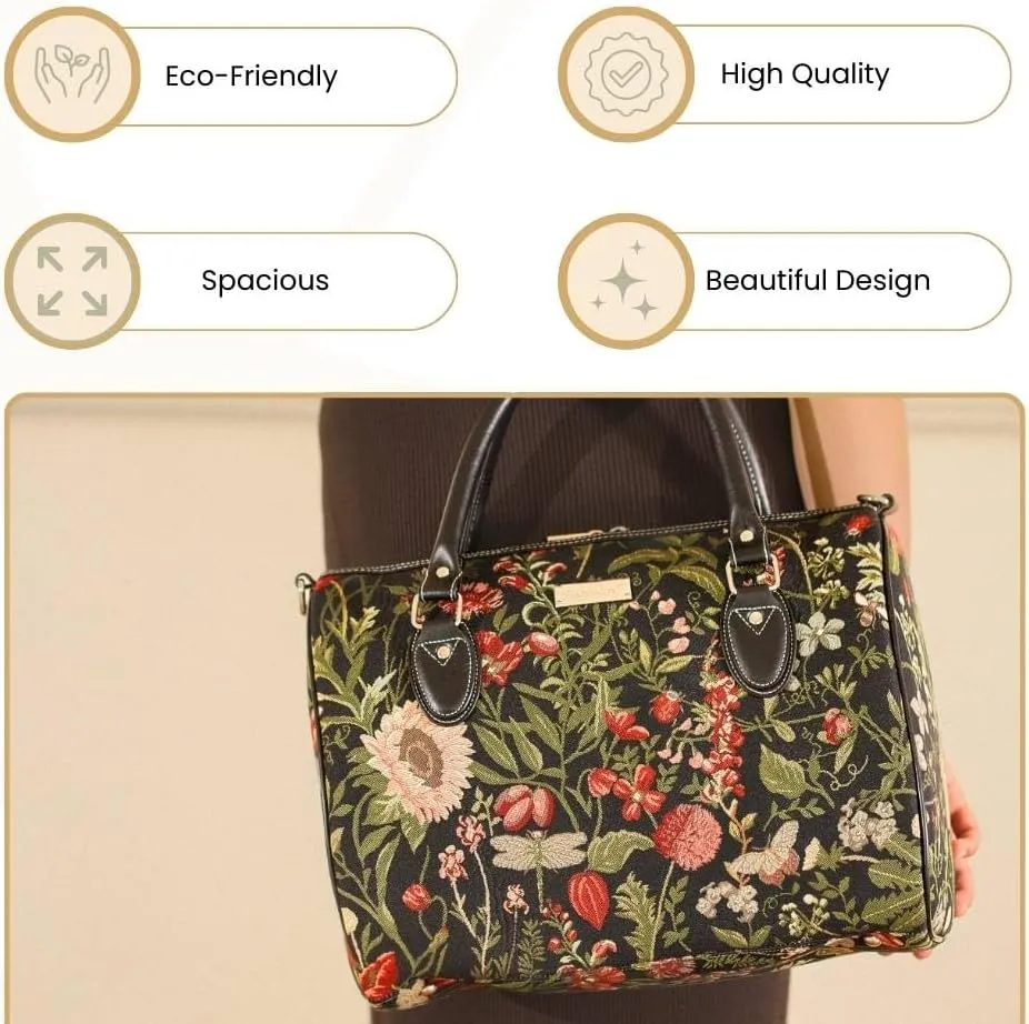 Signare Tapestry Duffle Bag Overnight Bags Weekend Bag for Women in Morning Garden Black Design (TRAV-MGDBK)