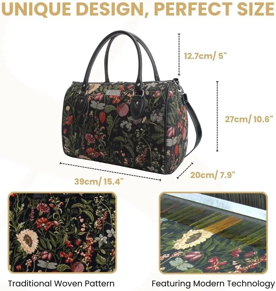 Signare Tapestry Duffle Bag Overnight Bags Weekend Bag for Women in Morning Garden Black Design (TRAV-MGDBK)