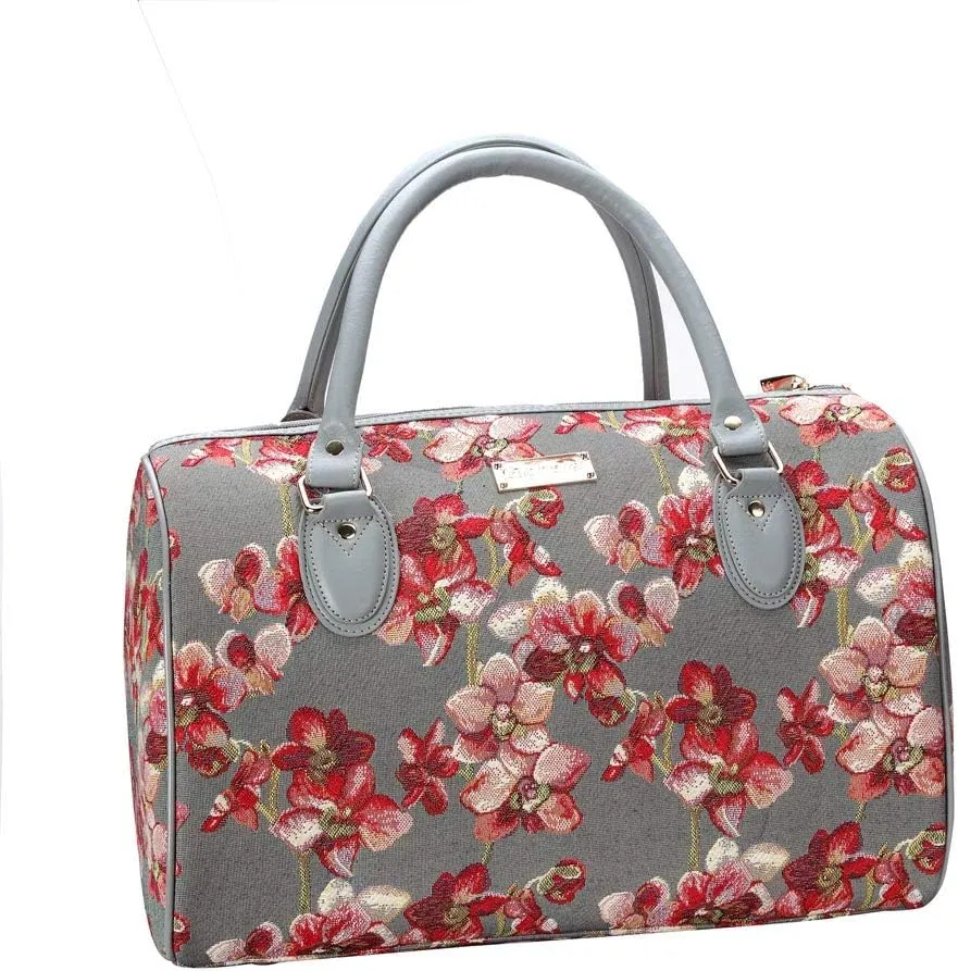 Signare Tapestry Duffle Bag Overnight Bags Weekend Bag for Women with Orchid Grey and Red Design (TRAV-ORC)