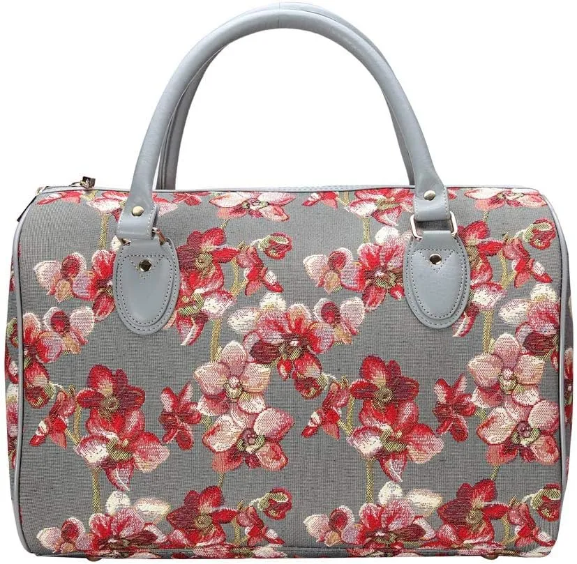 Signare Tapestry Duffle Bag Overnight Bags Weekend Bag for Women with Orchid Grey and Red Design (TRAV-ORC)