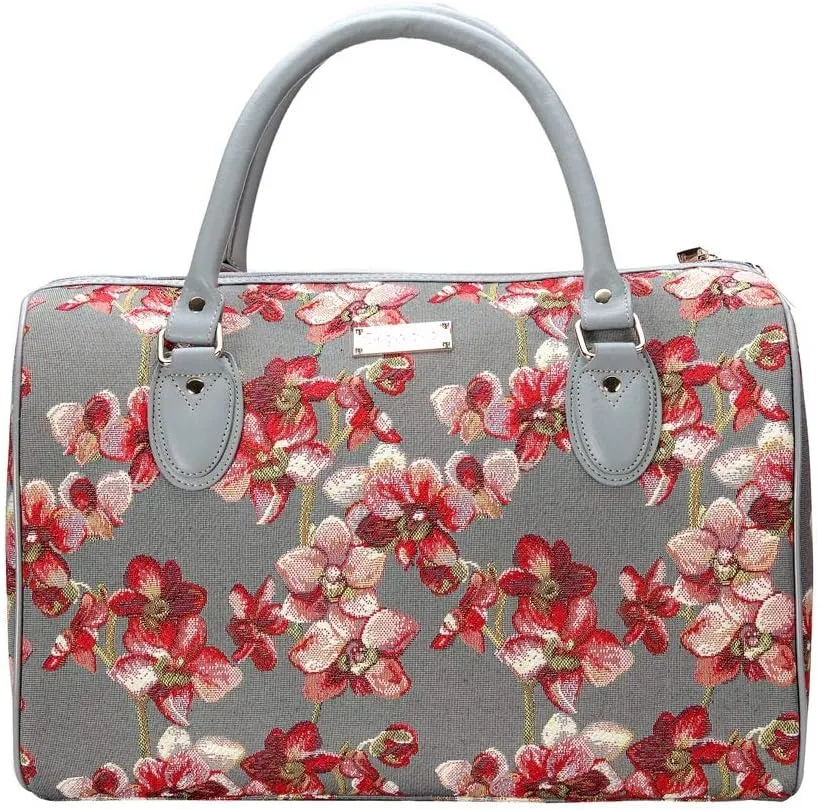 Signare Tapestry Duffle Bag Overnight Bags Weekend Bag for Women with Orchid Grey and Red Design (TRAV-ORC)