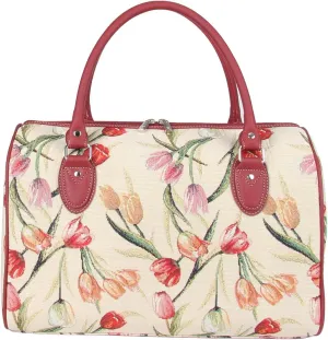 Signare Tapestry Duffle Bag Overnight Bags Weekend Bag for Women with Tulip Floral White Design (TRAV-TULWT)