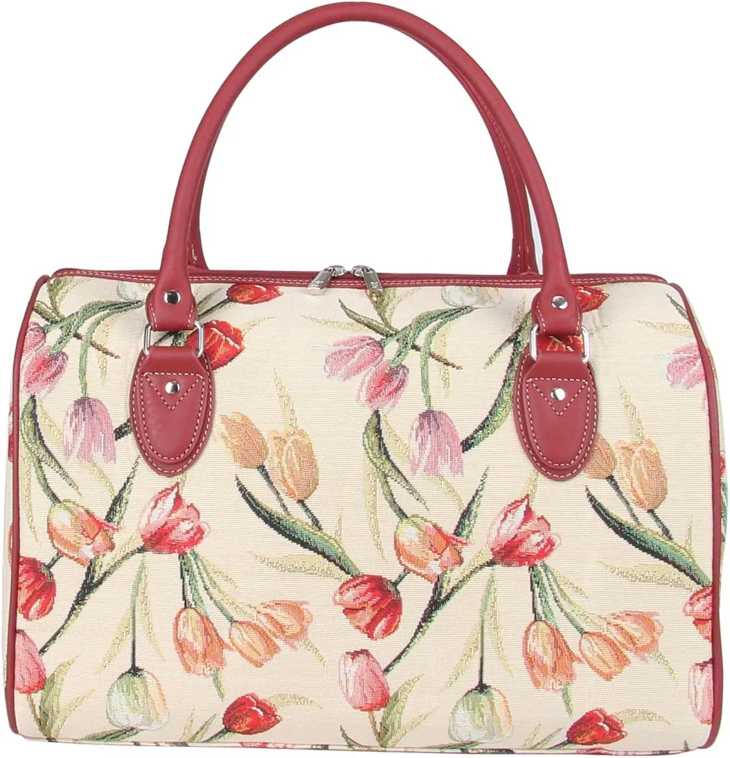 Signare Tapestry Duffle Bag Overnight Bags Weekend Bag for Women with Tulip Floral White Design (TRAV-TULWT)