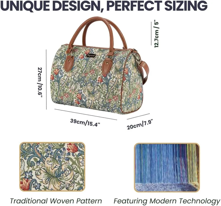 Signare Tapestry Duffle Bag Overnight Bags Weekend Bag for Women with William Morris Golden Lily Design (TRAV-GLILY)