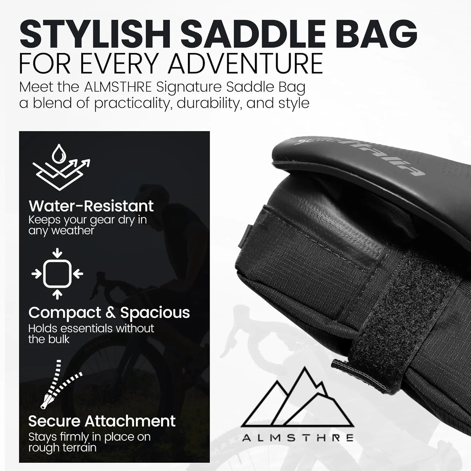 Signature Bike Saddle Bag – Midnight Black | Premium Ripstop Material, Waterproof Zipper & Internal Pocket | Durable, Lightweight Bike Seat Bag for Secure Gear Storage