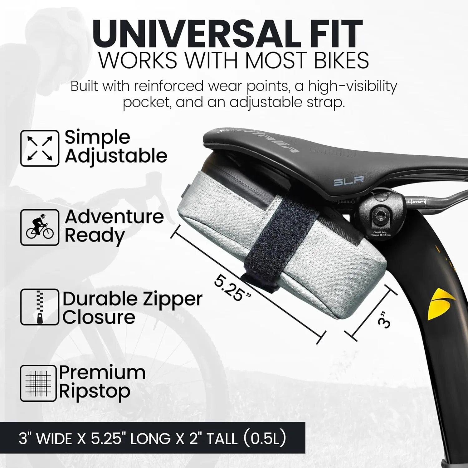 Signature Bike Saddle Bag – Sterling Silver | Premium Ripstop Material, Waterproof Zipper & Internal Pocket | Durable, Lightweight Bike Seat Bag for Secure Gear Storage