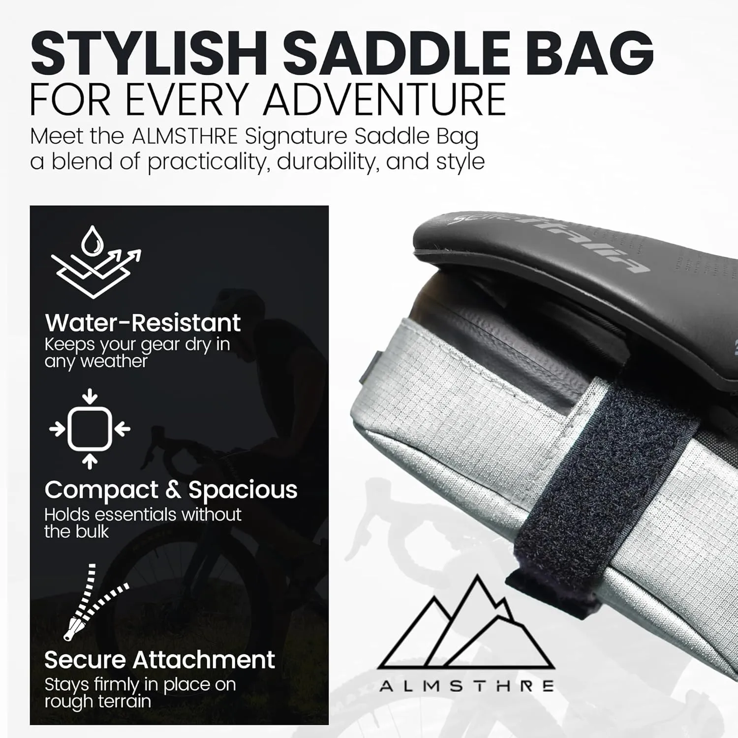 Signature Bike Saddle Bag – Sterling Silver | Premium Ripstop Material, Waterproof Zipper & Internal Pocket | Durable, Lightweight Bike Seat Bag for Secure Gear Storage
