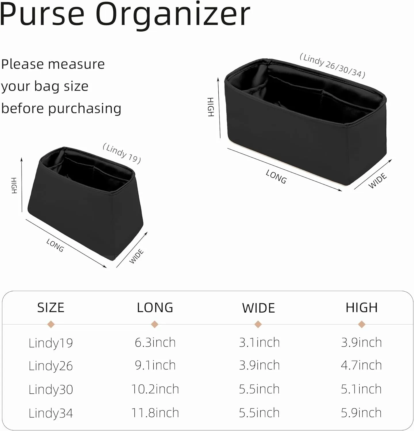 Silk Organizer for Lindy Mini/26/30/34,Soft and Gentle Touch Insert,Maintain Bag Natural Shape,Lightweight Inner Bag（Black,Lindy Mini19）