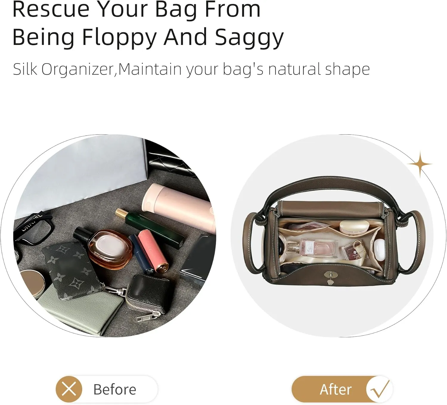 Silk Organizer for Lindy Mini/26/30/34,Soft and Gentle Touch Insert,Maintain Bag Natural Shape,Lightweight Inner Bag（Gold,Lindy 26）